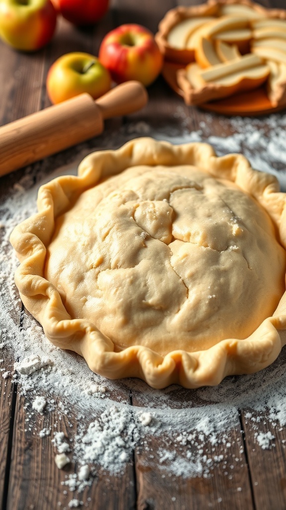 A golden-brown apple pie crust on a wooden table with a rolling pin and fresh apples.